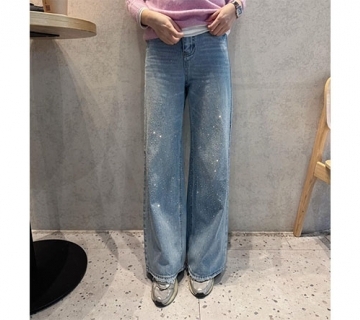 水鑽直筒牛仔寬褲