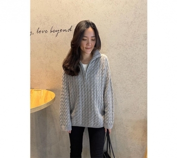 微長版拉鍊編織立領羊毛衫