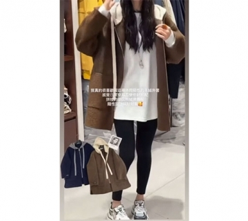 浣熊連帽拚色羊絨大衣