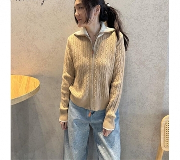 配色polo領編織羊毛罩衫上衣