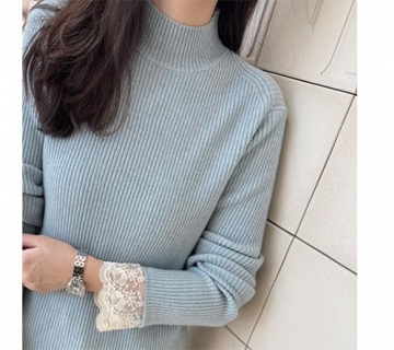 立領羊毛拼接蕾絲袖上衣